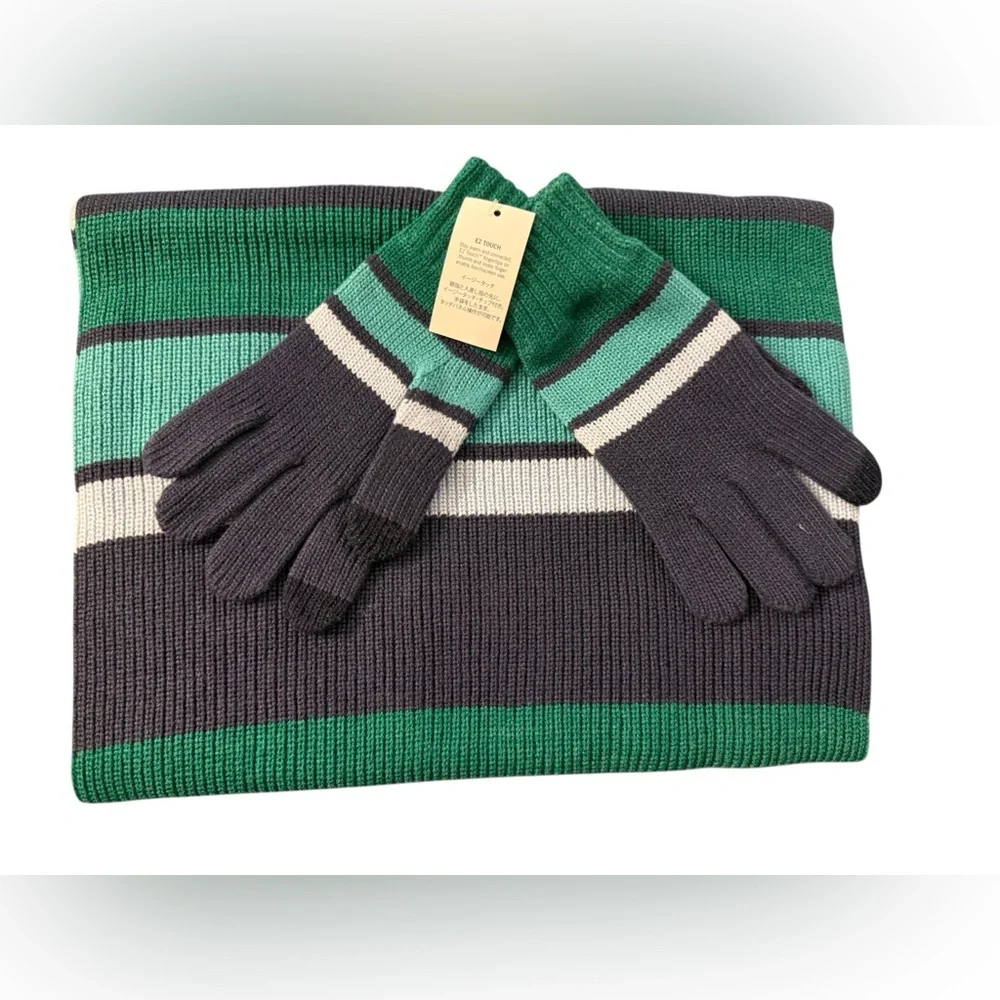 Land’s End Mens Scarf and Gloves Set in Deep Sea Navy Multi Stripe